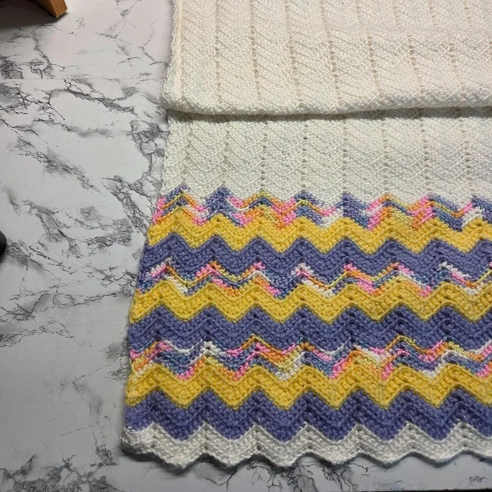 Handmade Yellow Purple Striped Crocheted Easter Baby Blanket